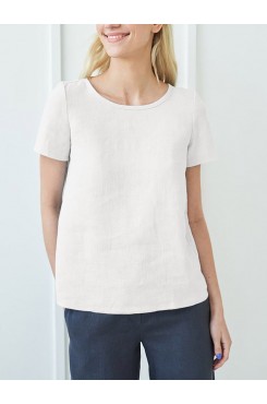 Cotton Solid Ruched Short Sleeve Round Neck Casual Blouse