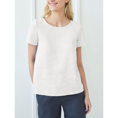 Cotton Solid Ruched Short Sleeve Round Neck Casual Blouse
