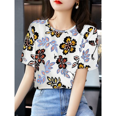 Plant Print Round Neck Short Sleeve Casual Blouse