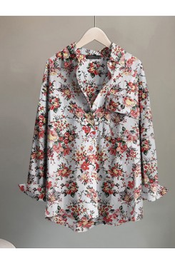 Flower Print Pocket Button Long Sleeve Shirt