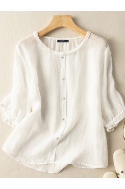 Lettuce Edge Crew Neck Solid Button 3 4 Sleeve Blouse