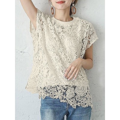 Lace Hollow Short Sleeve Crew Neck Two Pieces Blouse