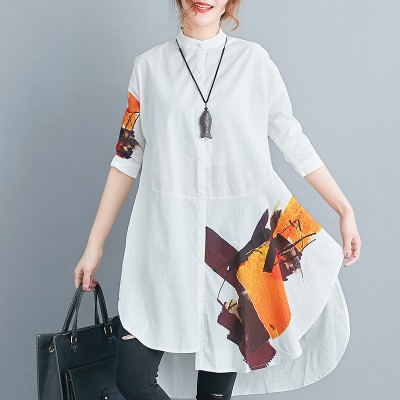 stylish white cotton linen shift plus size tops casual Half sleeve print Stand natural cotton linen tops